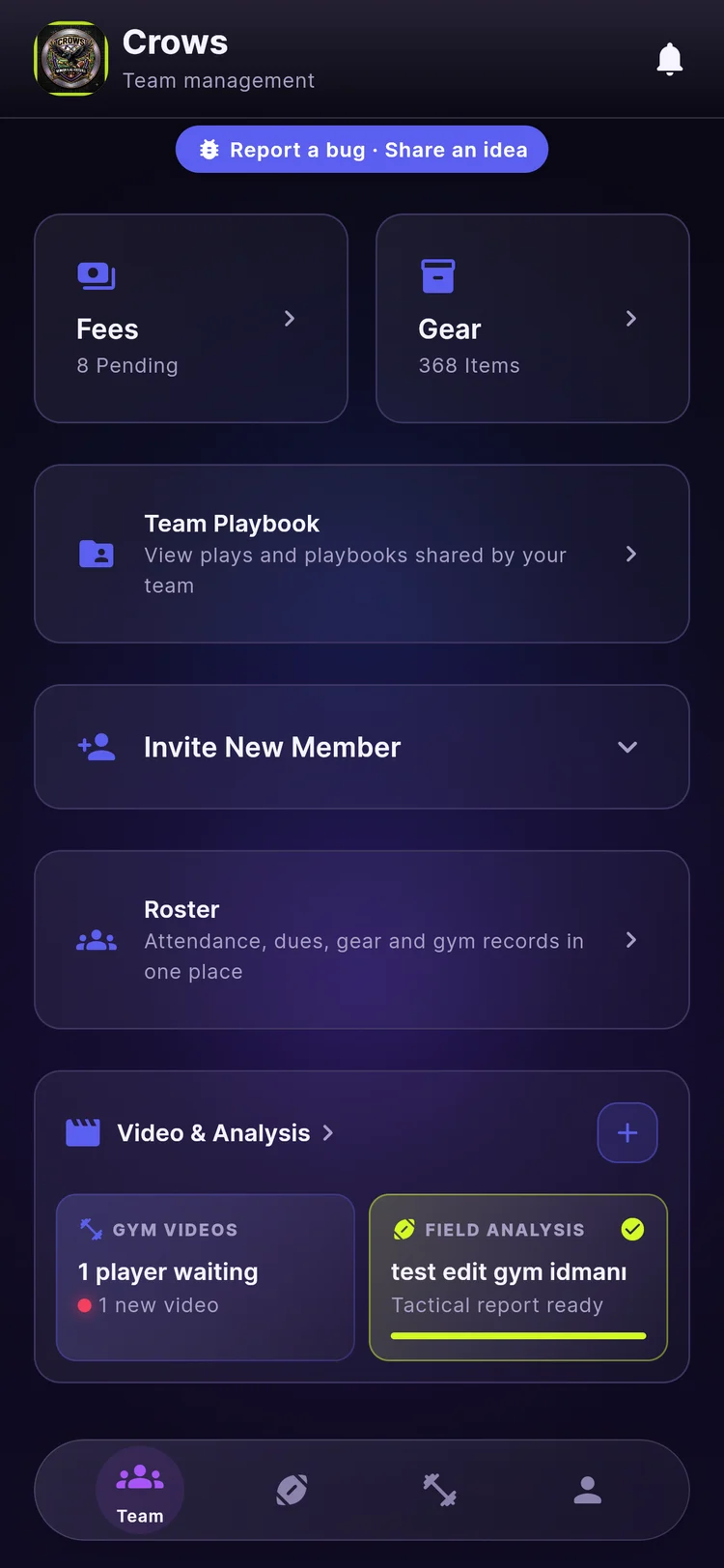 Pullr team screen, coach view
